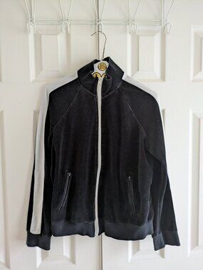 Forever 21 Black Velour Jacket with White Striped Sleeves size M